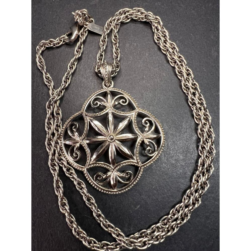 Vintage 1928 Silver Tone Filigree Medallion Rope Chain Necklace 28”